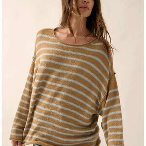 Promesa Tan and Light Blue Striped Crew Neck Sweater